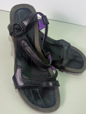 Teva Cabrillo Black Leather Purple Accent Cork Wedge Sandals Size 10